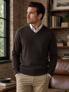V-Neck Wool Blend Sweater Men's Large Brown Lorenzo Magni